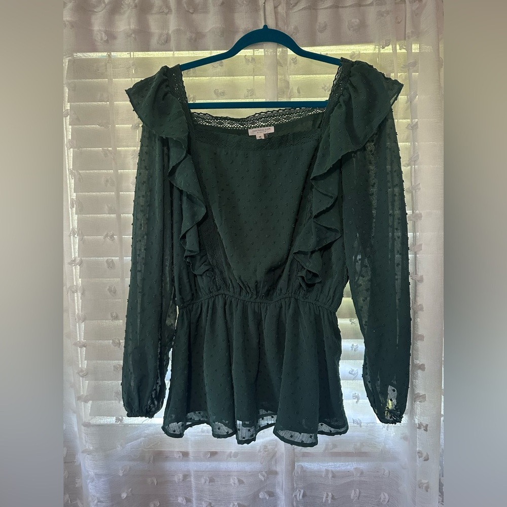 Chic Soul, square neck blouse, 1X, dark green